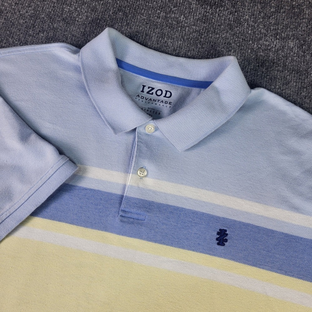 IZOD Advantage Performance Polo Shirt Mens XXL Blue Yellow Striped Short Sleeve